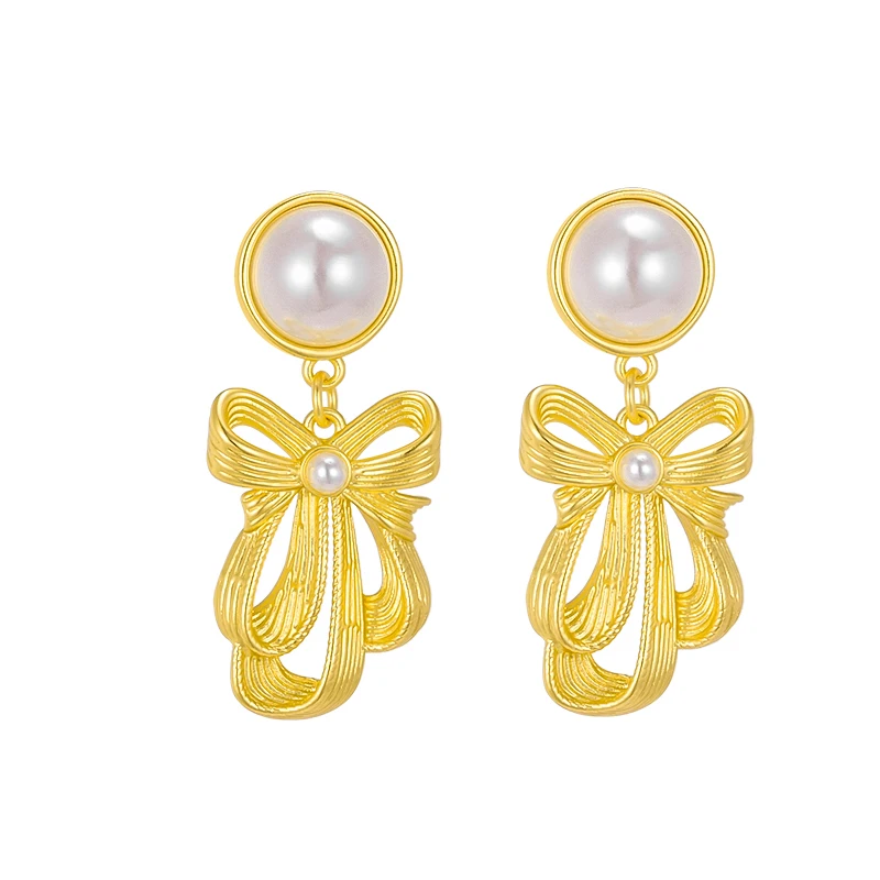

Top Quality Gold Color Ribbon Bow Style Pendant Pear Stud Earrings For Women Fashion OL Jewelry