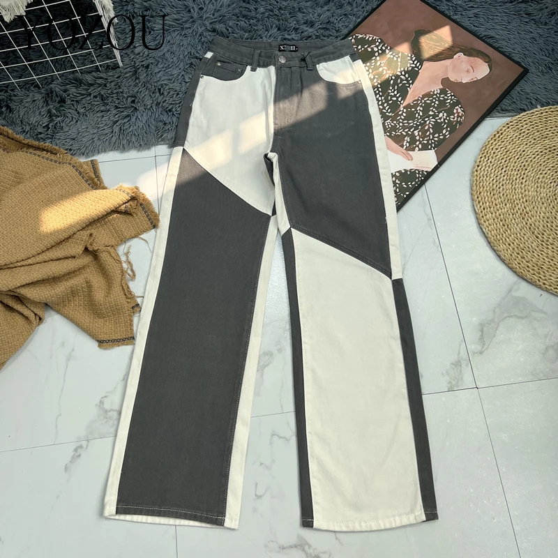 

[YOZOU] Little Stock Vintage Wide Leg Denim Pants Cotton High Waist White Gray Patchwork Jeans Women Baggy Bottoms Streetwear