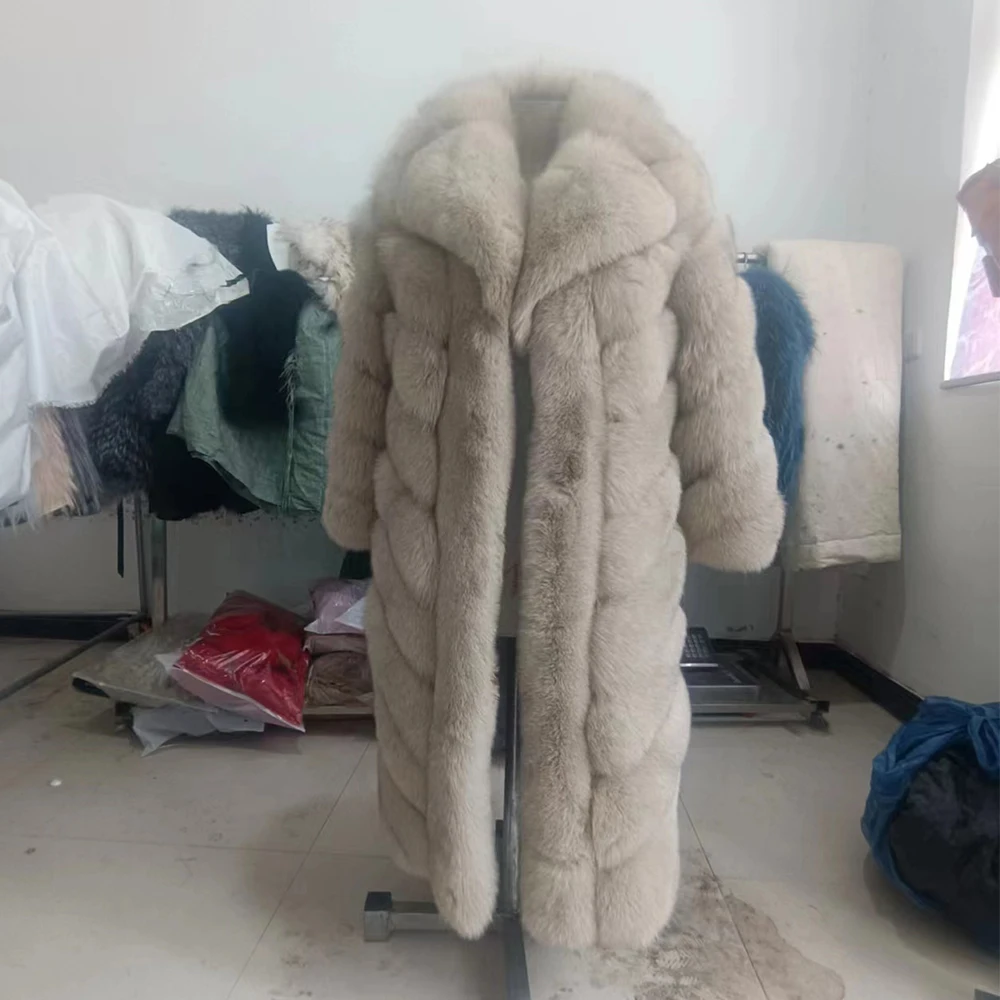 Luxury Nutural Fox Fur Jacket Ladies Overcoat Winter Real Fox Fur Coat X-long Women Fashion Streetwear