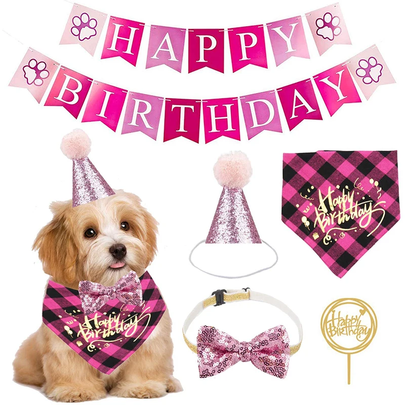 

Dog Birthday Set Shinning Dog Bow Tie Double Sided Saliva Towel Birthday Banner Pet Puppy Dog Cat Birthday Parties
