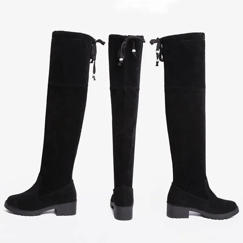 

Over-the-knee boots women's stretch boots new block heeled boots bow solid color slim leg women's boots