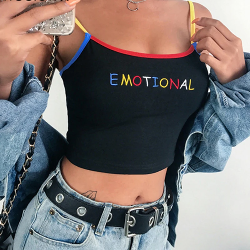 

Summer Female Crop Top Sexy Heart Shaped Embroidery Spaghetti Strap Backless Ladies Camisole EMOTIONAL Letter Elastic Tank Tops