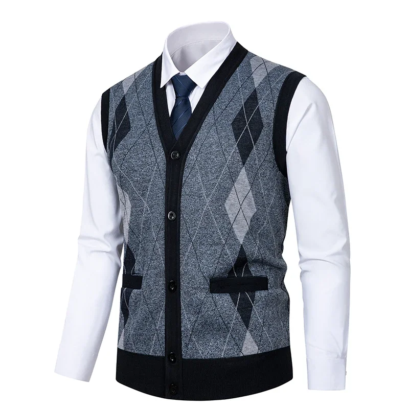 Осень-зима мужской флисовый вязаный свитер жилет тонкий v-образный вырез модное