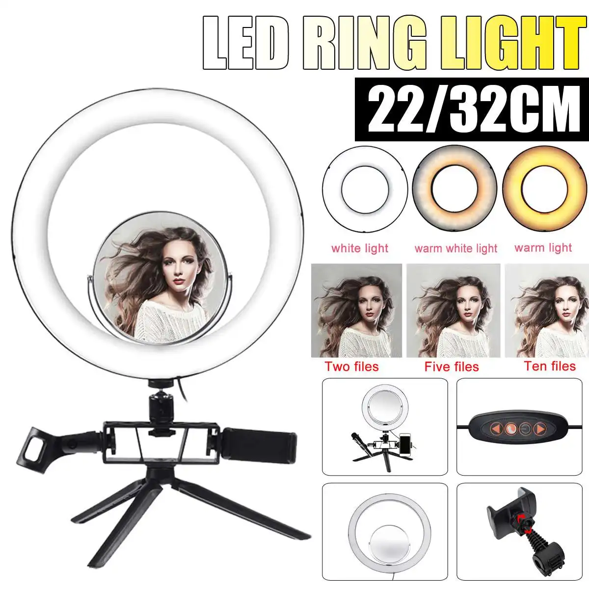 

8/12 inch LED Ring Full Light 3 Modes Dimmable Tripod Stand Live Selfie Holder with Phone Holder for YouTube Tiktokk Vlog Makeup