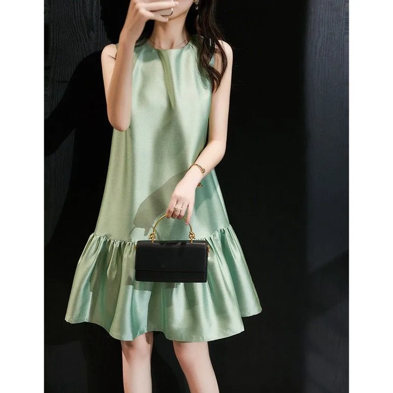 

Fashion O-neck Sleeveless Green Ruffles Woman Dress 2022 Summer Loose Casual Beach Mini Dresses Women
