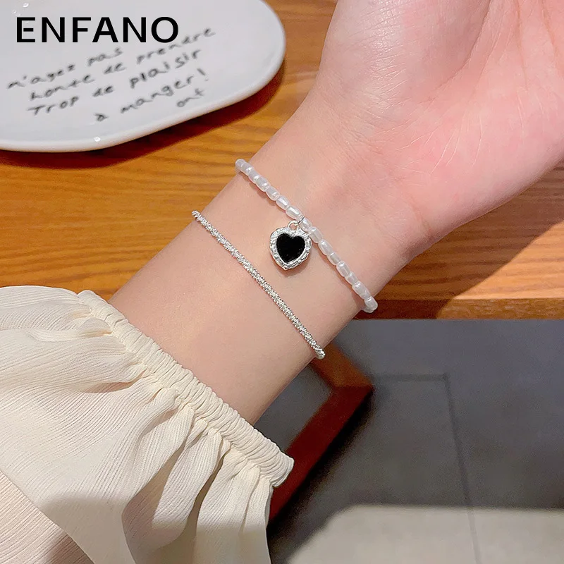 

Enfano Design Pearl Double Layers Loving Heart Bracelet Female Fashion Temperament Hand Jewelry