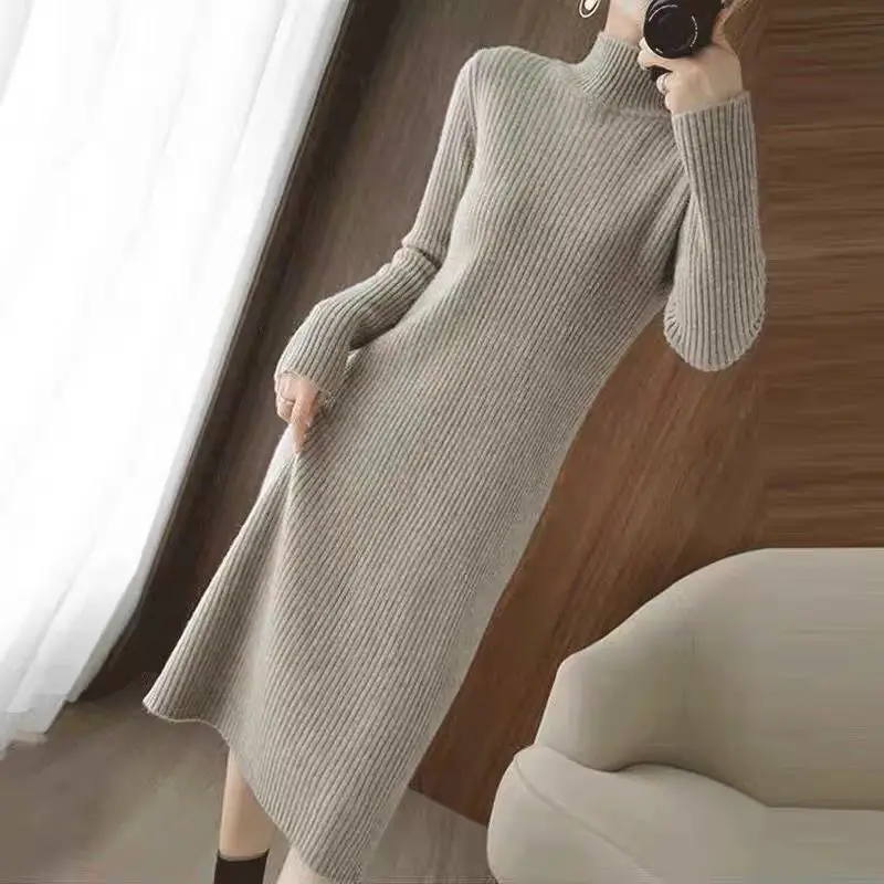 

Casual Turtleneck Large Size Loose Solid Color Autumn Winter Sweater Dresses Female Long Bottoming Q525