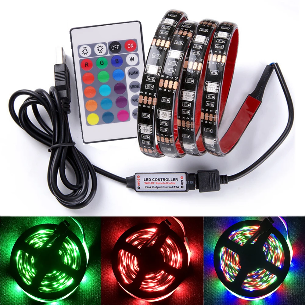 5050 RGB LED Strip Light 5V USB Waterproof Flexible Lamp Tape Ribbon TV Backlights Color Changing with 24Key Remote Controller
