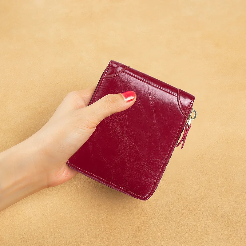 Vintage Genuine Leather Women's Short Wallet Multi-Functional Female Zipper Coin Purse RFID Card Holder For Ladies