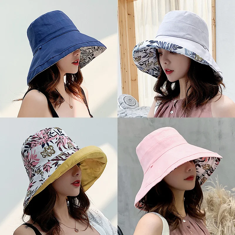 

2023 Spring Summer Print Reversible Sun Beach Hat Woman Girl Outdoor Travel Vacation Fisherman Cap Wide Brim 12.5cm Visor Hat