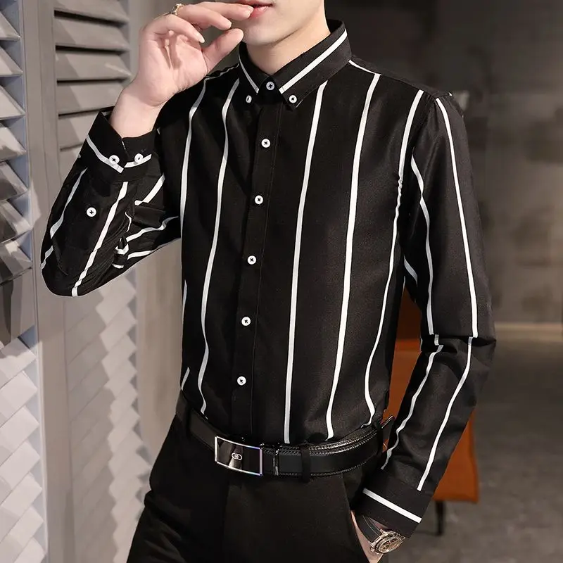 

2023 Spring New Men's Clothing Striped Slim Button Long Sleeved Shirt Slimming Fashion Trend Korean Lapel Large Size CommuteTops