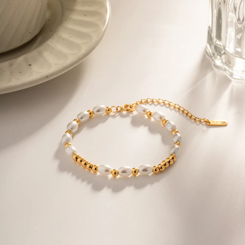 

Minar Dainty Baroque Freshwater Pearl Beaded Bracelet for Women 18K Gold Plated Titanium Steel Beads Strand Bracelets Jewelry