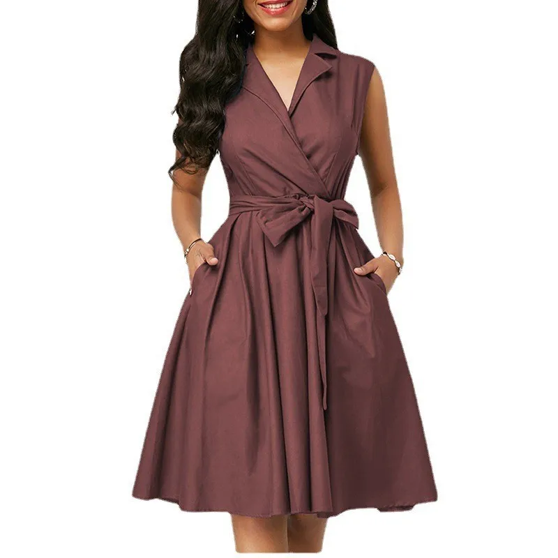 

Женское однотонное платье с поясом, повседневное ТРАПЕЦИЕВИДНОЕ ПЛАТЬЕ средней длины без рукавов, с английским воротником и карманами, лето 2023