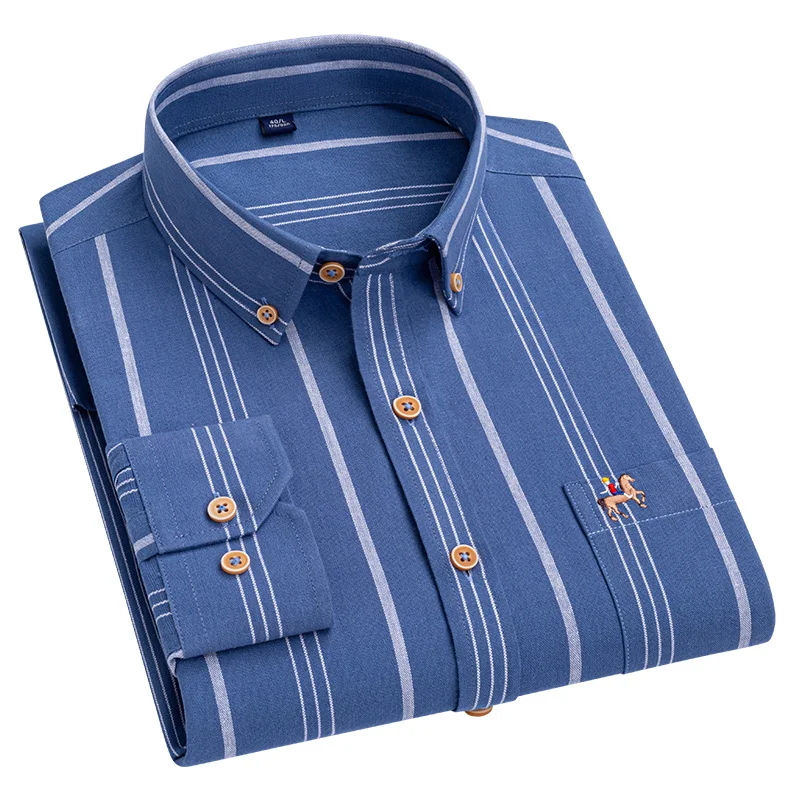 Plus Size 6xl 100% Cotton Oxford Shirt Casual for Business Men Regular Fit Long Sleeve Striped Leisure Man's Shirt With Pocket