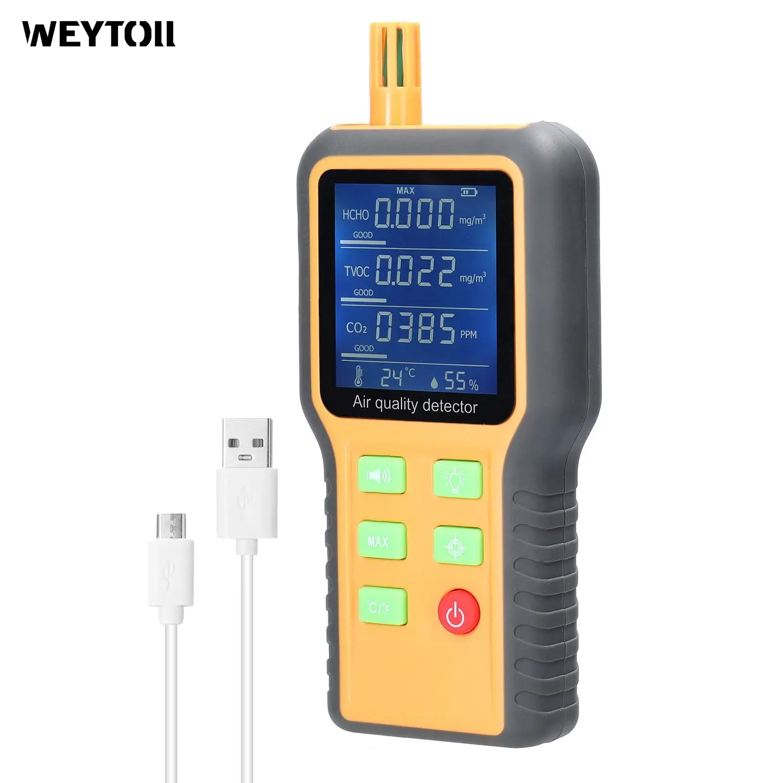 

Air Quality Detector T/H Sensors CO2 Tester LCD Display with Backlit Carbon Dioxide TVOC HCHO Value Temperature Humidity Detect