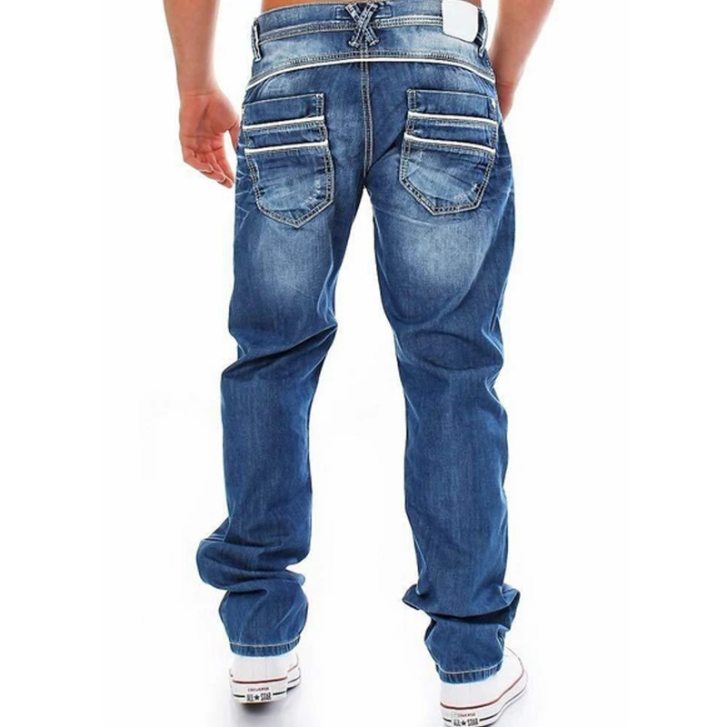 Men Jeans Streetwear Vintage Jeans Summer Zipper Solid Loose Pockets Jeans Men Button Mid-Waist Denim Straight-Leg Pants