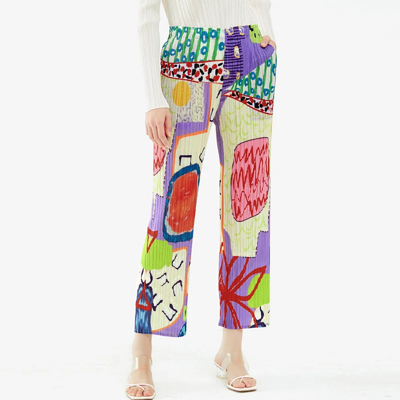 Miyake Designer Women's Pleated Pants Spring New Korean Print High Waist Loose Straight Pants Casual Pants Long Pants