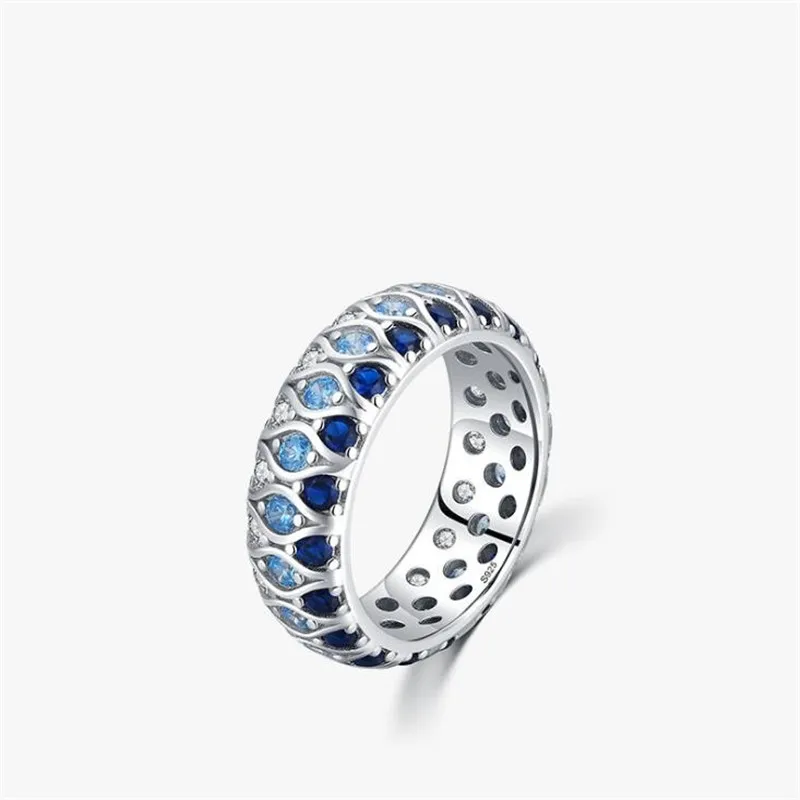 

Classical Jewelry Pure 100% 925 Sterling Silver Round Cut Blue Sapphire CZ Diamond Eternity Women Wedding Band Ring Gift