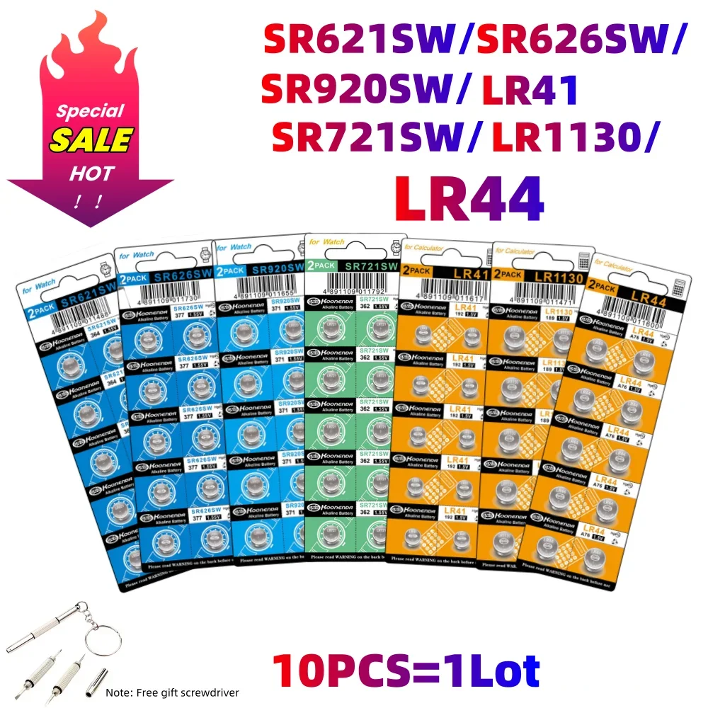 Фото 10 шт. AG13 LR44 1,5 В кнопочные батарейки LR41 LR1130 LR626 SR621SW SR626SW SR920SW SR721SW щелочная батарея для часов игрушки №1