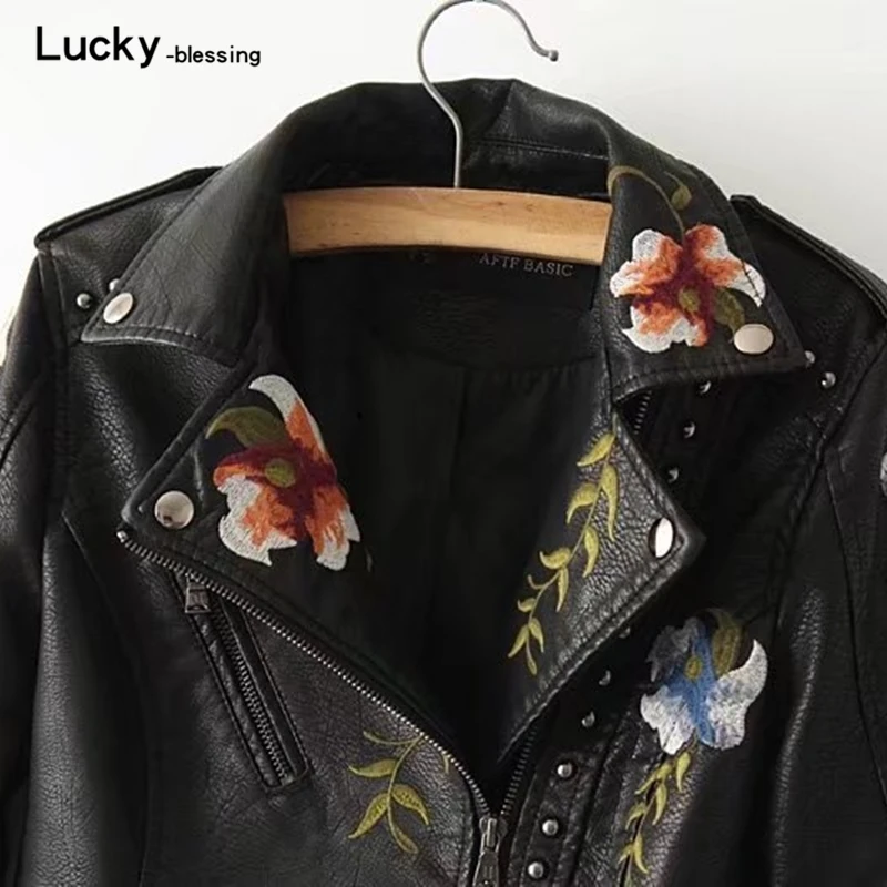 2022 New Spring Retro Floral Embroidery Faux Pu Leather Jacket Women Turndown Collar Moto Biker Coat Black Soft Punk Outerwear