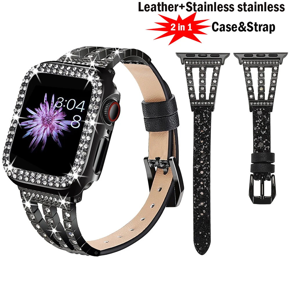 

Diamond case+Band for Apple Watch 44mm 40mm 38/42 Genuine leather+metal Glitter Bling Strap iWatch Series 7 6 5 4 3 SE 41mm 45mm