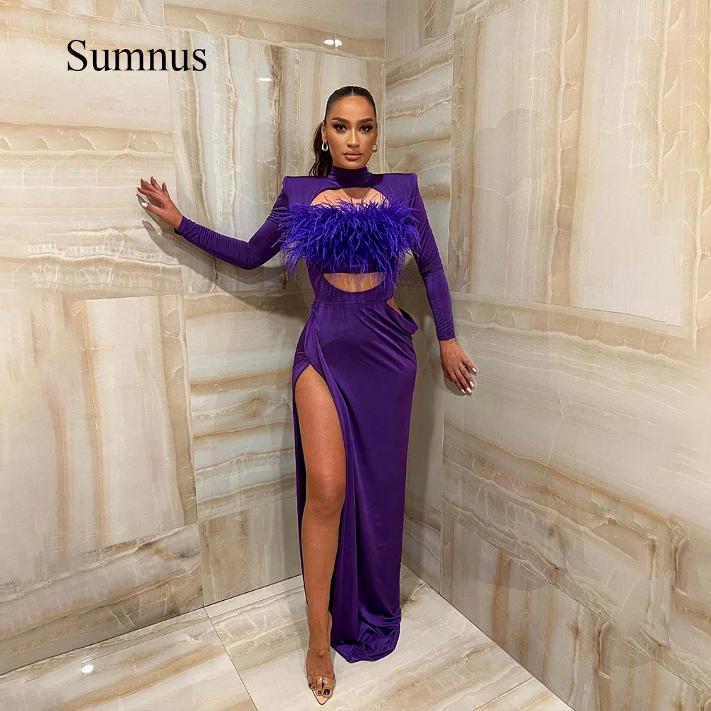 Купи Sumnus Purple Feather Strapless Sexy Prom Party Dresses Long Sleeve Side Split Evening Dress High Neck Floor Length Women Gowns за 4,971 рублей в магазине AliExpress