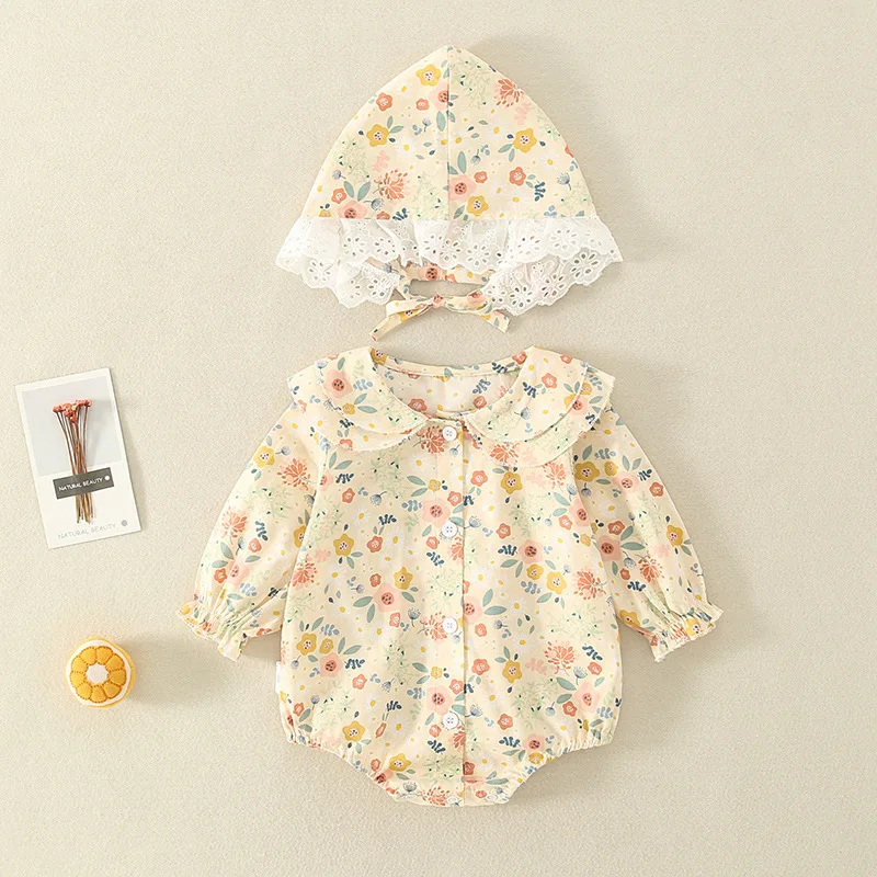 Summer Baby Girls Romper+Hat Cotton Peter Pan collar Ruffles Lace Long Sleeve Infant Rompers Newborn Clothes Bebe Cute Garments