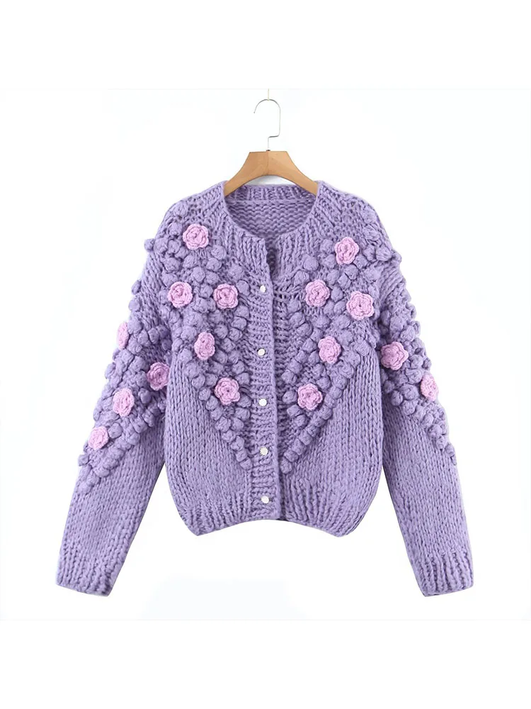 

BM&MD&ZA Women 2022 New Fashion Tricolor manual Tridimensional floret Cardigan Sweater Vintage Long Sleeve Female Outerwear Tops