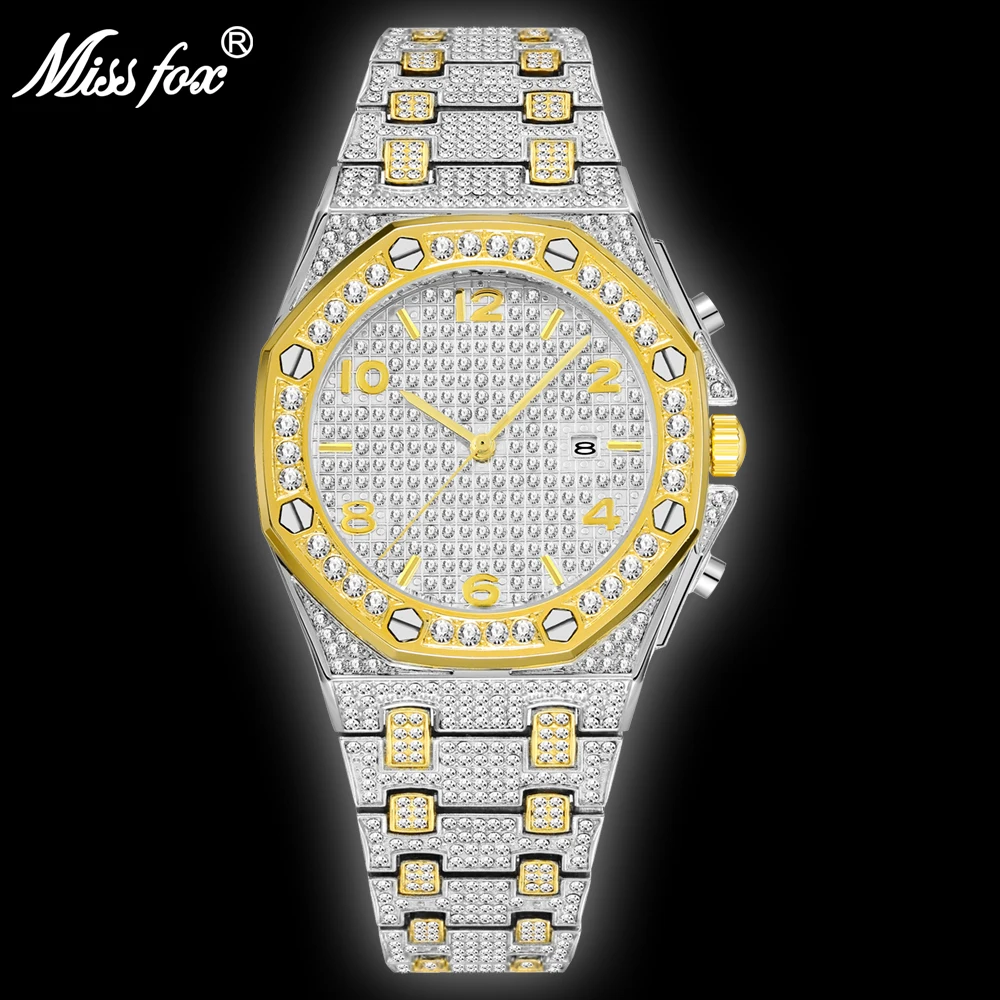 

MISSFOX Watch For Men Hip Hop Fashion Diamond Stainless Steel Male Quartz Wrist Watches Bling Auto Date Waterproof Men's Reloj