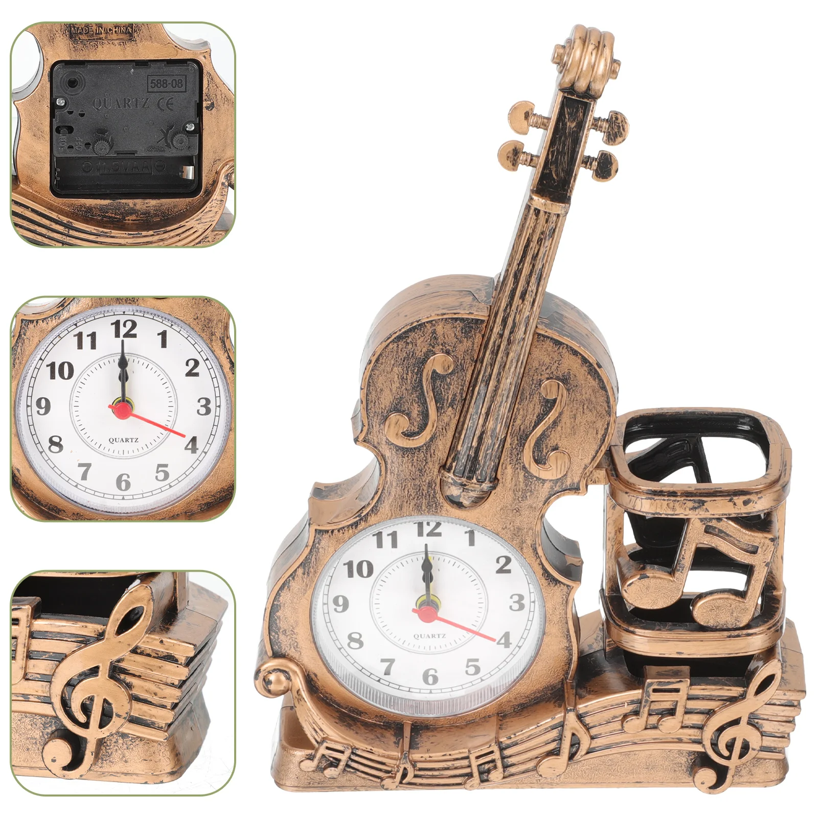 

Violin Clock Holder Pen Desktop Alarm Tabledesk Kids Finger Tape Organizer Model Decorative Miniature Decoration Statue