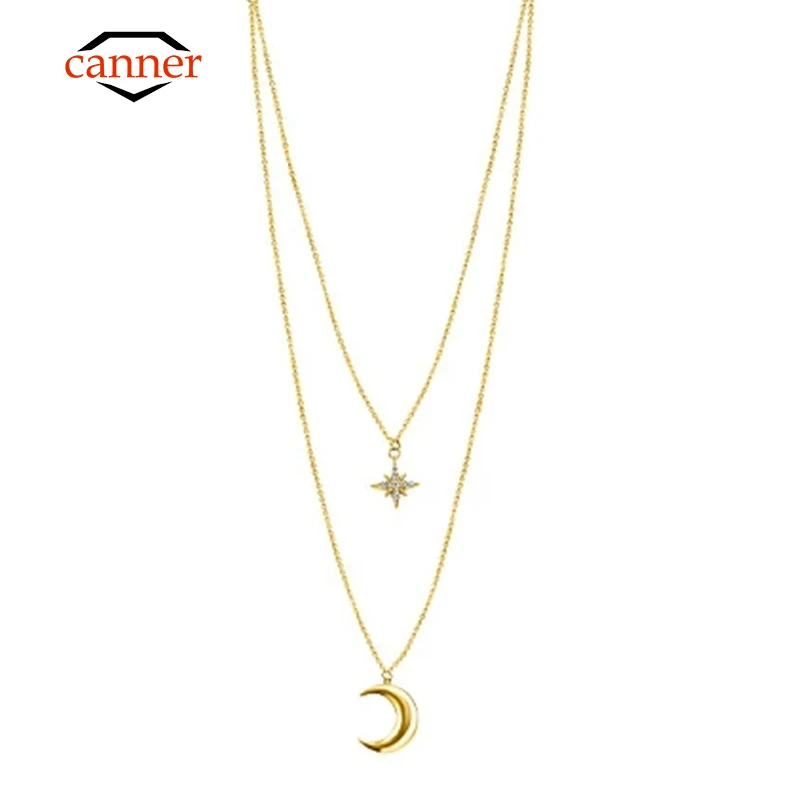 

CANNER 925 Sterling Silver Gold Plated Fashion Double Layered Star Moon Pendant Clavicle Choker Chain Necklace for Women Jewelry
