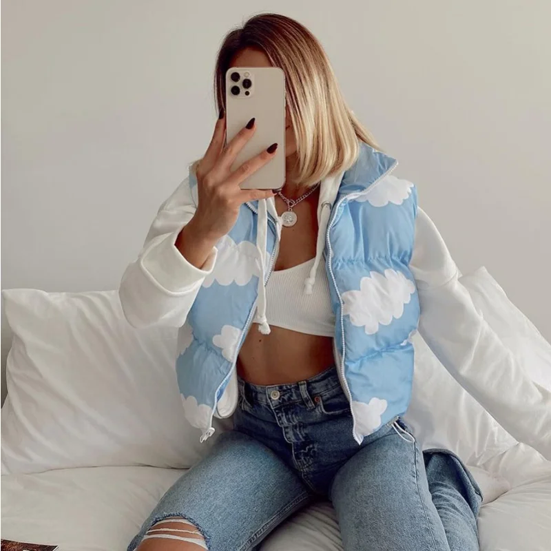 2022 Autumn Winter Women Loose Vest Stand Collar Cloud Print Sweet Vest Jacket Padded Coat Sleeveless Warm Waistcoat Vests