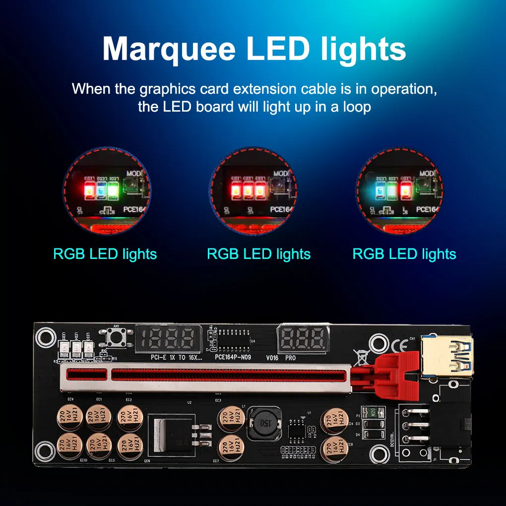 Newest VER016 PCIE Riser 016 V016 PCI Express X16 Temperature Voltage 3 RGB LED 6P USB Mining For Video Card |