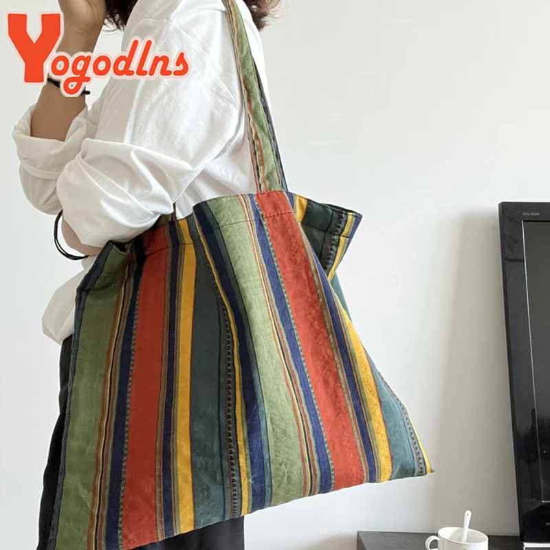 

Colorful Stripe Shoulder Bag For Women Large Capacity Shopping Tote Casual Beach Bag Reusable Portable Handbag Hobos