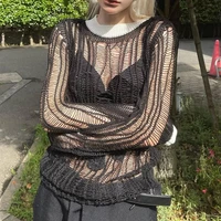 dourbesty women y2k grunge black sweater tops hollow out knitted see through long sleeve pullovers fairy goth cover up clothes