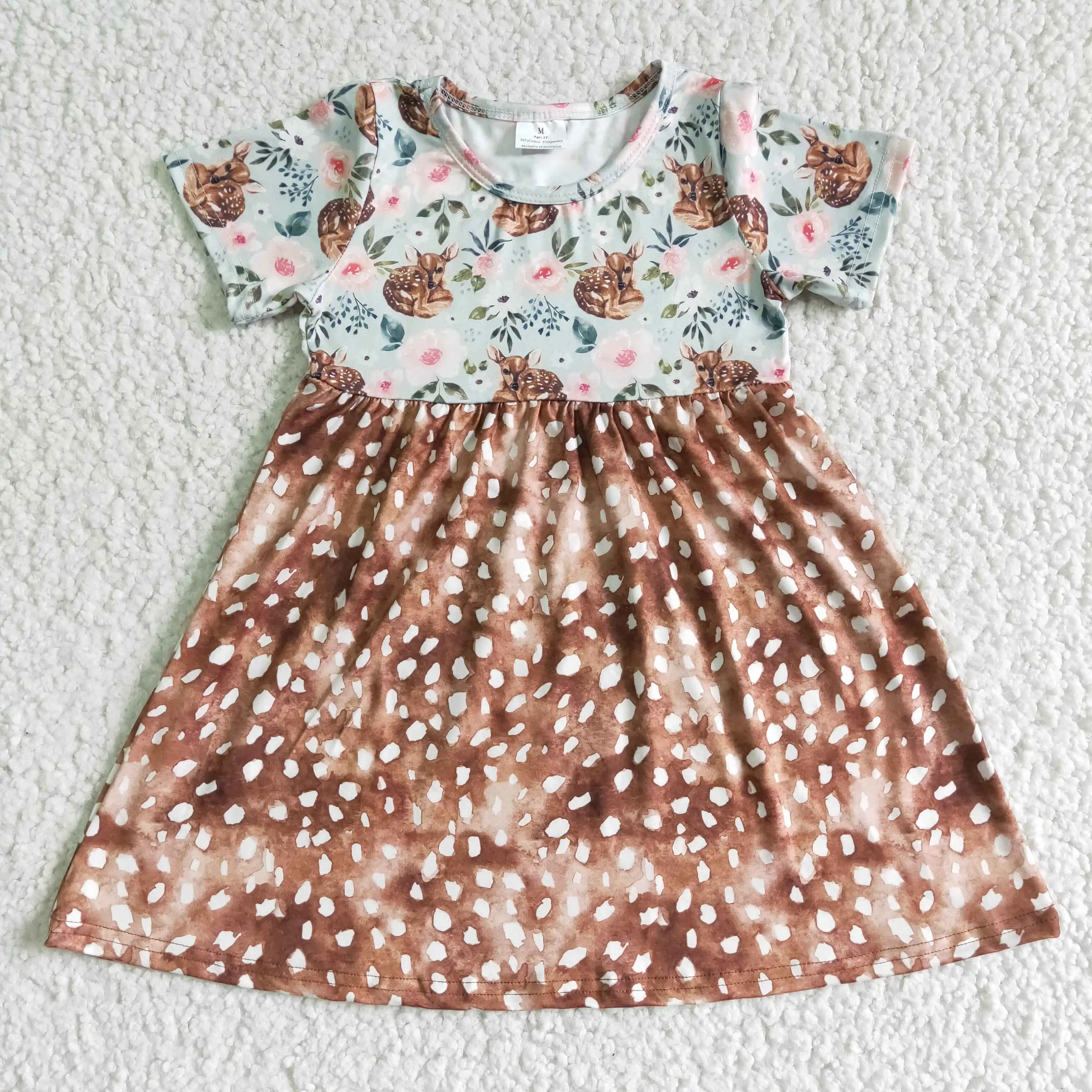 

Spring summer flowers with deer girl birthday dress princess short sleeve cute dress