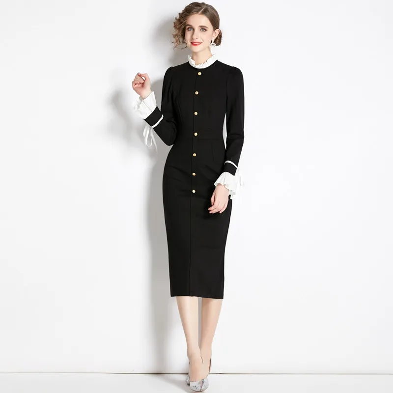 

Elegant Stand Collar Black Bodycon Dress Women Long Sleeve Patchwork Ruffles Retro Button Decor Casual Party Midi Dress