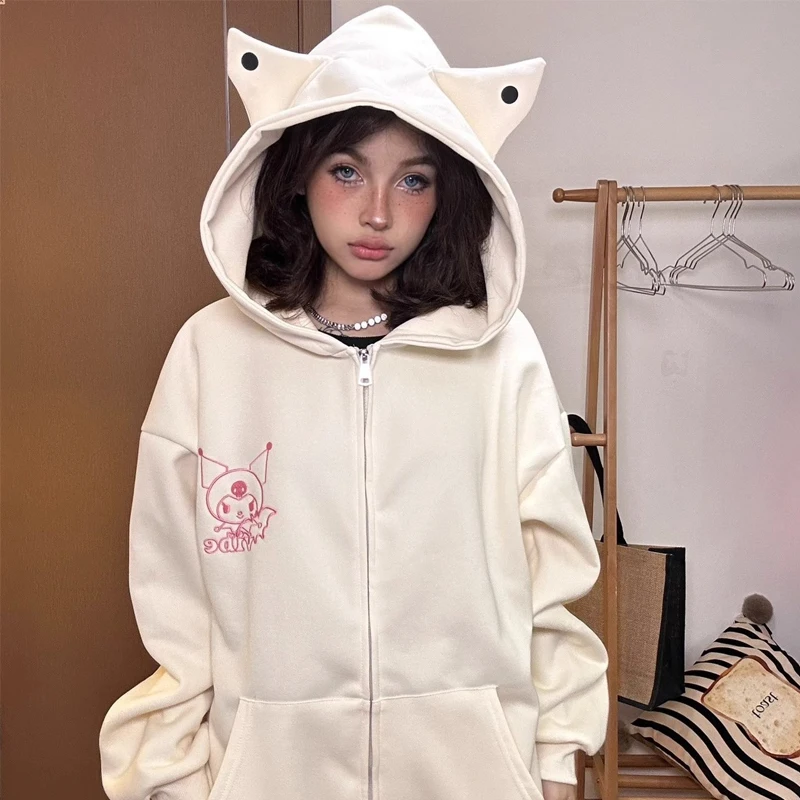 

100% Heavyweight Cotton Sanrios Kuromi Hooded Sweatshirt Loose Autumn and Winter Cartoon Versatile Kawaii Cardigan Couple Coat