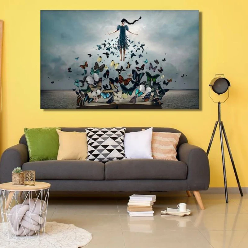 

Butterfly and Girl Graffiti Wall Art Canvas Painting Banksy Artwork Street Art Posters and Print Pop Picture for Home Room Decor