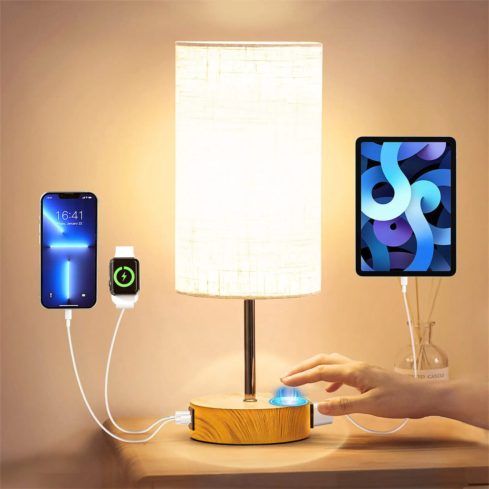 

YINZAM Bedroom Night Lamp with USB and AC Charging Ports Room Decor Table Lamps Fabric Shade Lamp for Home Bedside Light Fixture