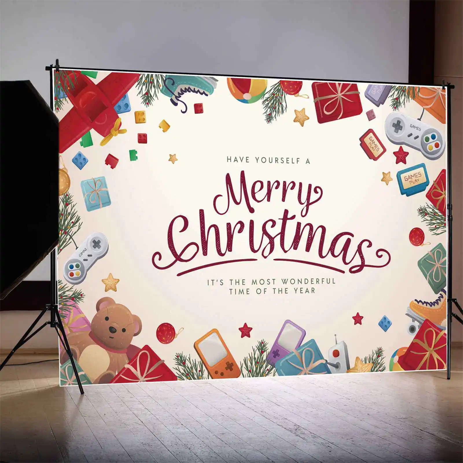 

MOON.QG Backdrop Merry Christmas Banner Baby Toys Party Wall Background Teddy Bear Airplane Gift Game Remote Decor Photo Booth