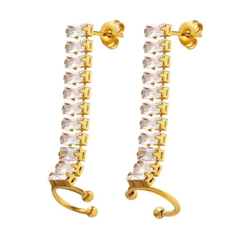 

French Fashion Waterproof Stainless Steel Cubic Zircon Sparkly Ear Bone Clip Earrings Stylish Tennis Chain Stud Earrings Gift