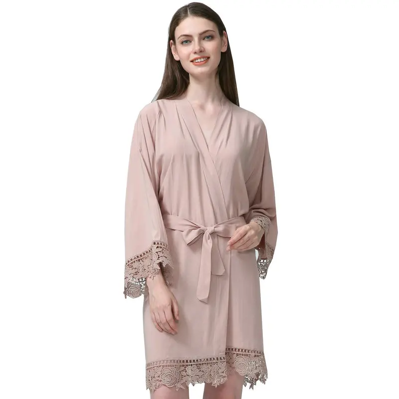 YUXINBRIDAL 2019 New champagne Solid Cotton Kimono Robes with Lace Trim Women Wedding Bridal Robe Bathrobe Sleepwear White Gift