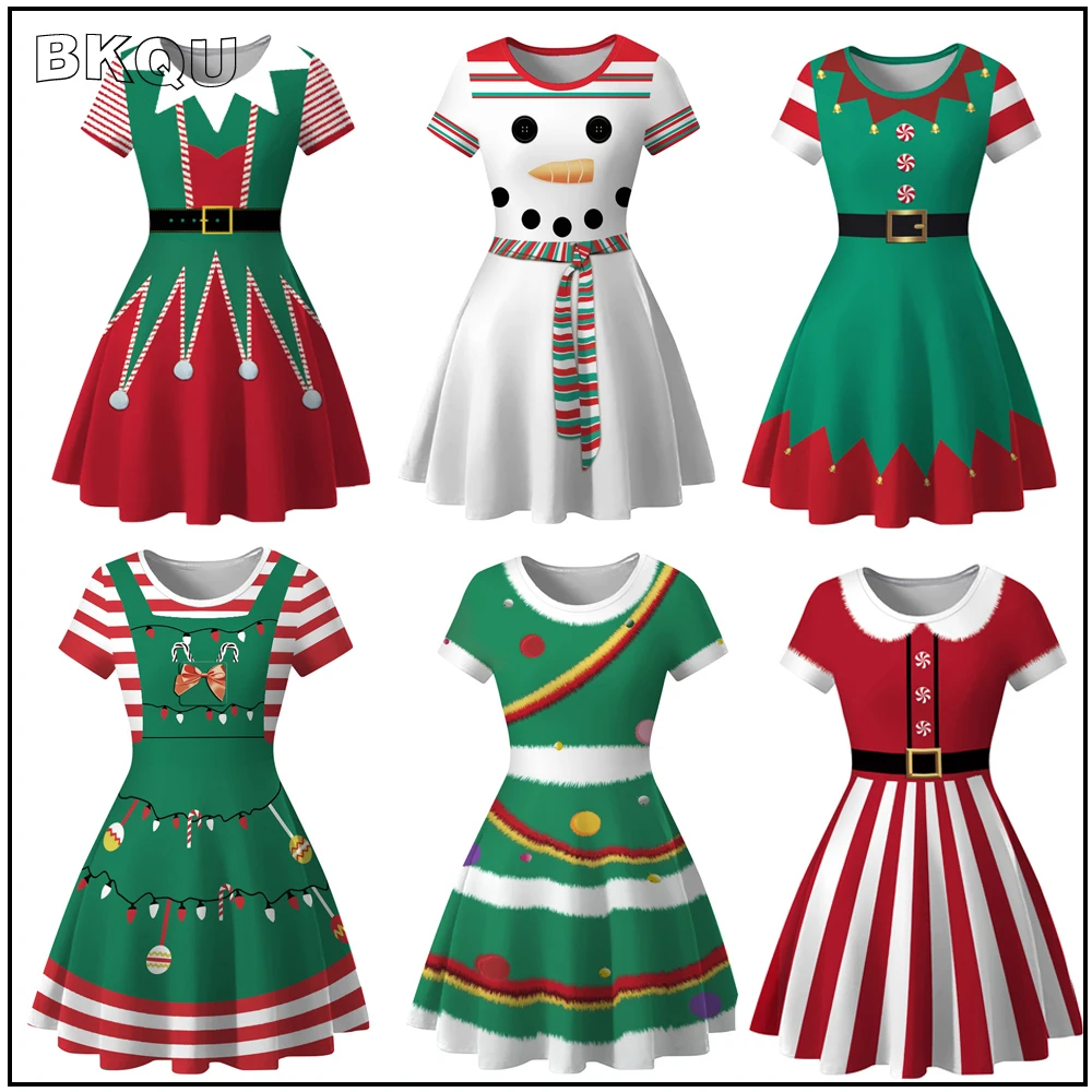 

BKQU Sants Claus Cosplay Costume Green Printing Dress Women Christmas Fancy Party Red Santa Dresses Snowman Cosplay Costumes