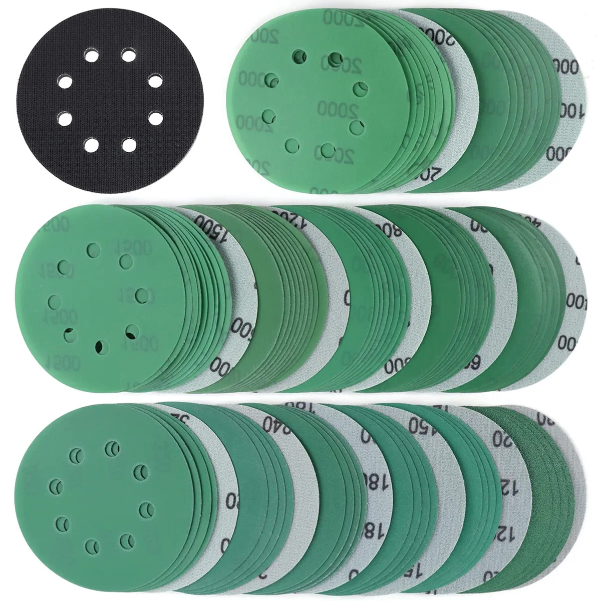 

100Pcs Sanding Disc Pad 5 In 8 Hole Sanding Pads 80-2000 Grit Hook and Loop Sanding Paper Drill Grinder Rotary Tools Accessories