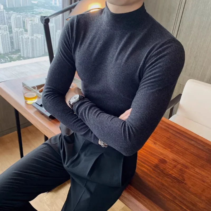 Handsome Shirt Slim Style European And American Simple Men Wear  Hair Gray T-shirt Full