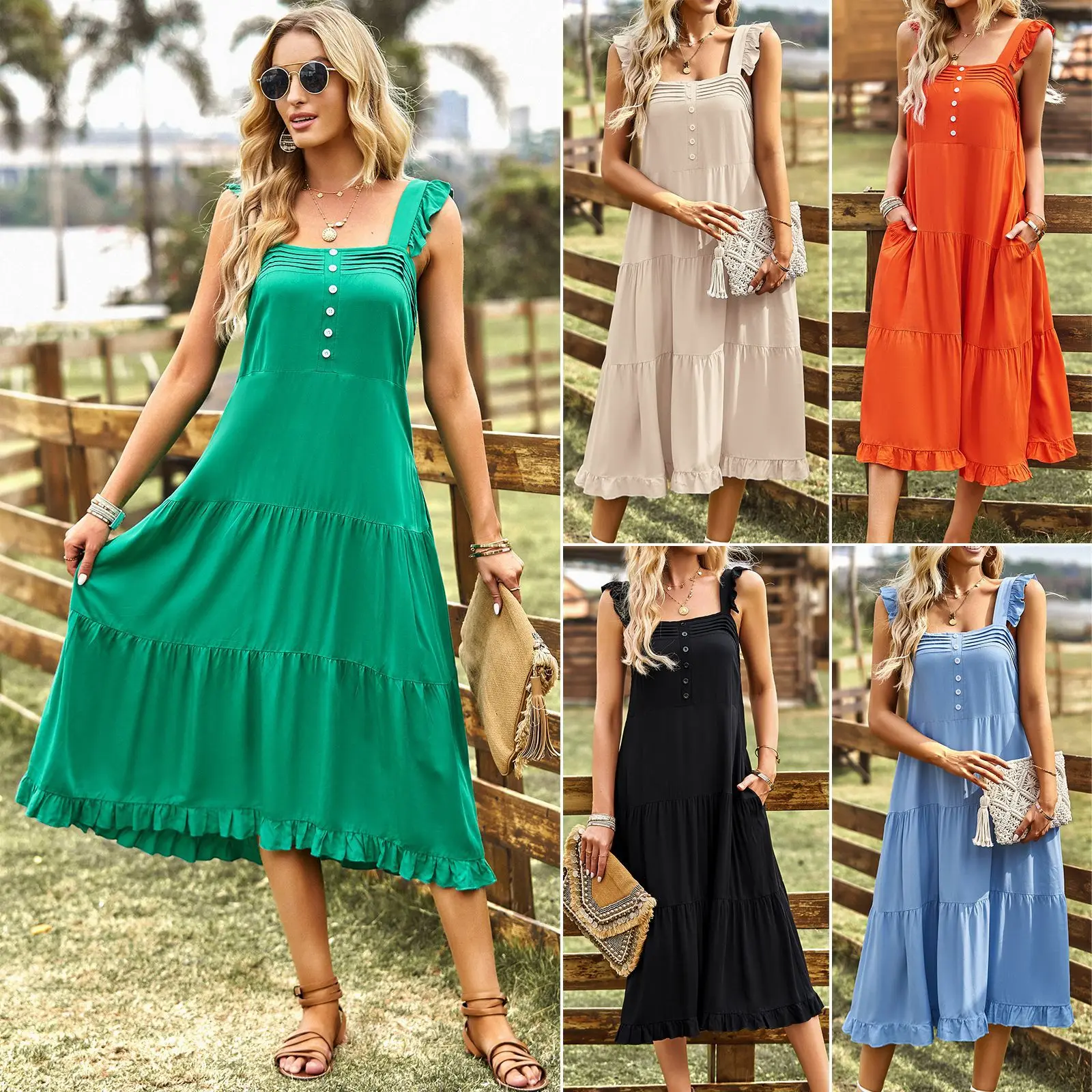 

Women Summer Fashion Spuare Collar Button Fold Patchwork Temperament Elegant Casual Dresss Robe Dresss