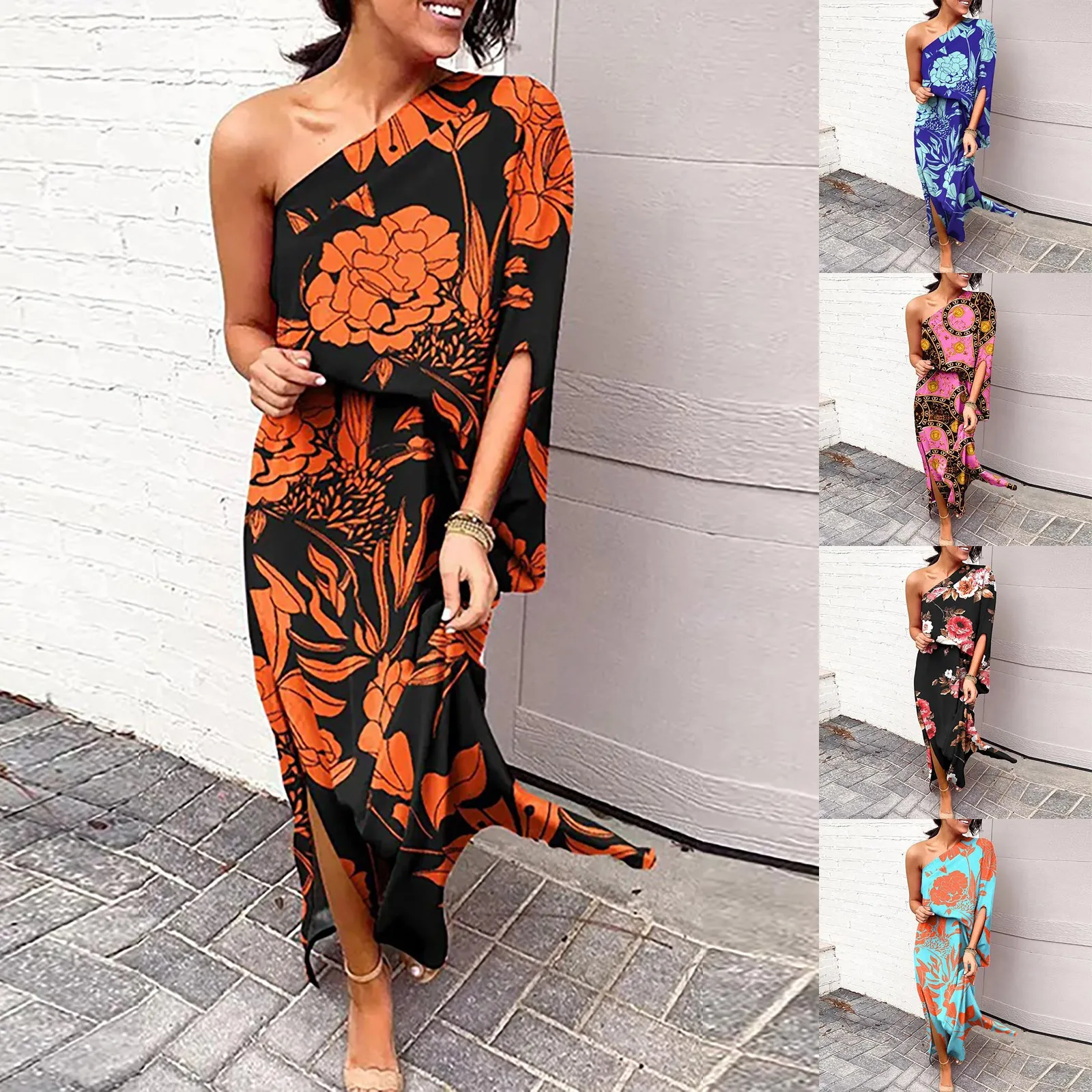 

Women Casual Dress Sexy One Shoulder Slit Hem Floral Beach Dress Summer Short Sleeve Loose Long Dresses For Women Vestidos