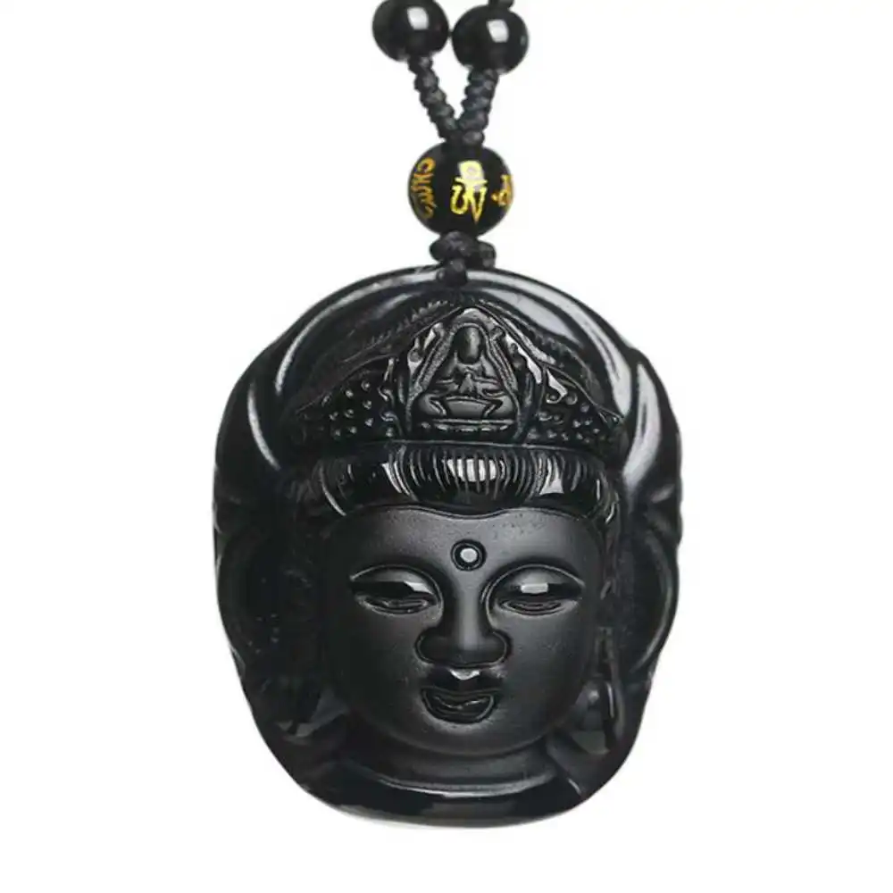 

100% Natural Obsidian Avalokitesvara Lucky Amulet Pendant Jewellery Healing Gift Gold Wholesale Energy Crystal Tibetan Women