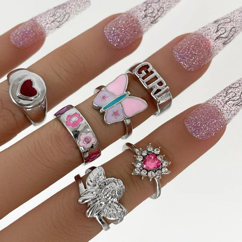 

New Bohemia Pink Color Shining Rhinestone Drop Oil Butterfly Rings Set Fashion Vintage Letter Geometric Rings Set Jewelry Gifts
